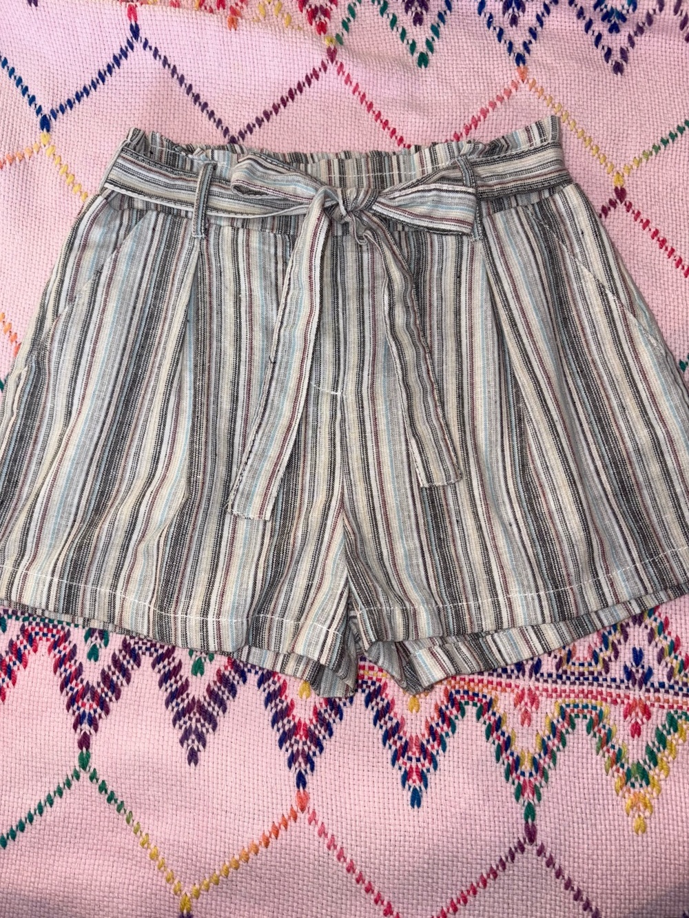 Linen Cotton Blend High Rise Striped Paperbag Shorts - Neutral Stripes Women’s S
